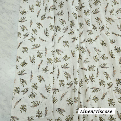 Medium Green Sprigs On White Linen Fabric (sold by half yard)