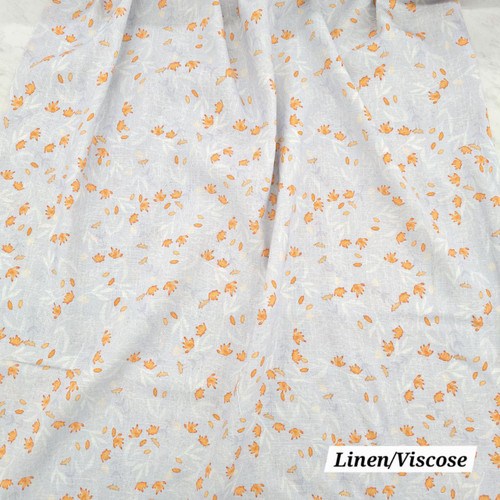 Orange Bud Watercolor Bouquet On Blue/Grey Linen Fabric (sold by half yard)