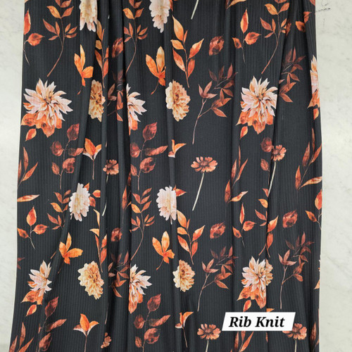 Beth's Exclusive Large Fall Foliage on Black Poly Rib Knit Fabric (sold by half yards)
