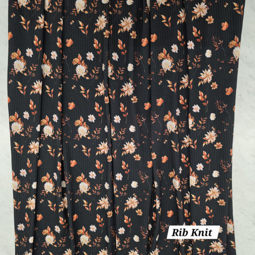 Beth's Exclusive Rust and Cream Florals On Black Poly Rib Knit Fabric (sold by half yards)