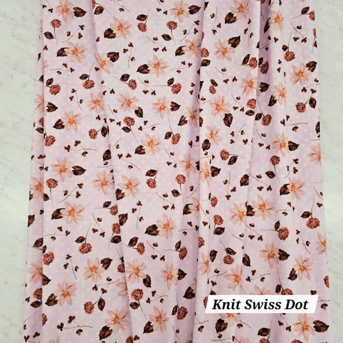 Beth's Exclusive Fall Florals on Light Pink Knit Swiss Dot Fabric (sold by half yards)