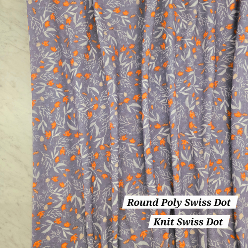 Beth's Exclusive Orange Fall Sprigs on Blue Knit Swiss Dot Fabric (sold by half yards)