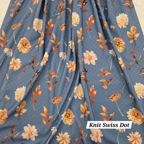 Beth's Exclusive Fall Foliage on Azure Blue Knit Swiss Dot Fabric (sold by half yards)