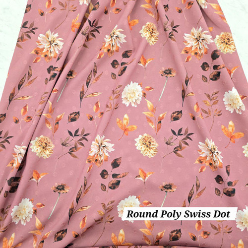 Beth's Exclusive Fall Foliage on Magenta Round Poly Swiss Dot Fabric (sold by half yards)