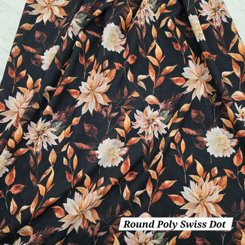 Beth's Exclusive Fall Foliage on Black Round Poly Swiss Dot (sold by half yards)