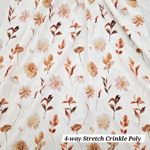 White Autumn Orange Dahlia 4 Way Stretch Crinkle Poly Fabric (sold by half yard)