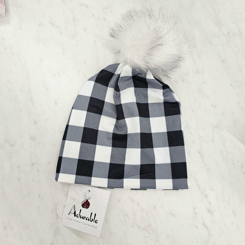 Infant Knit Hat Plaid (Black) 6-12 MO.