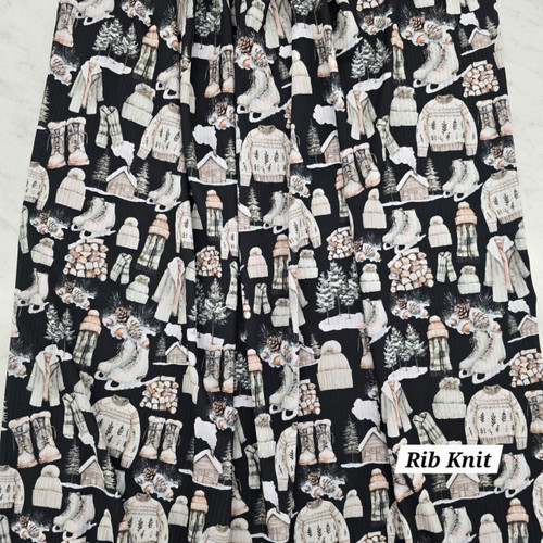 Beth's Exclusive Winter Delights On Black Poly Rib Knit Fabric (sold by half yards)
