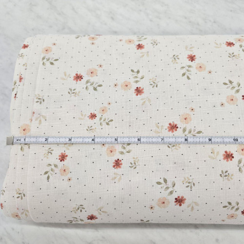 Fresh Peach/Pink Blooms On Speckled Linen Fabric (sold by half yard)