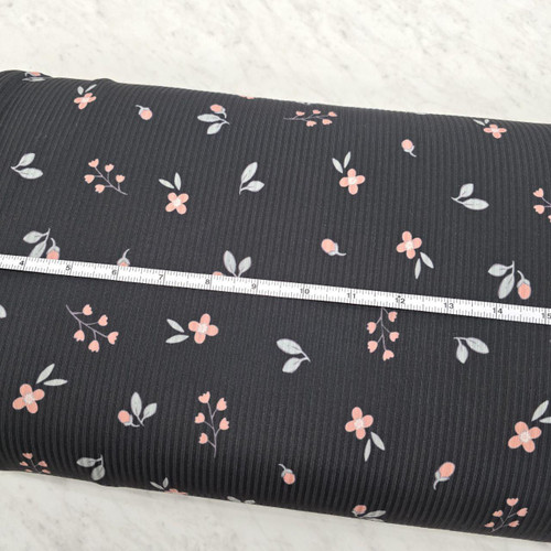 Beth's Exclusive Soft Coral Sprigs on Black Poly Rib Knit (sold by half yards)
