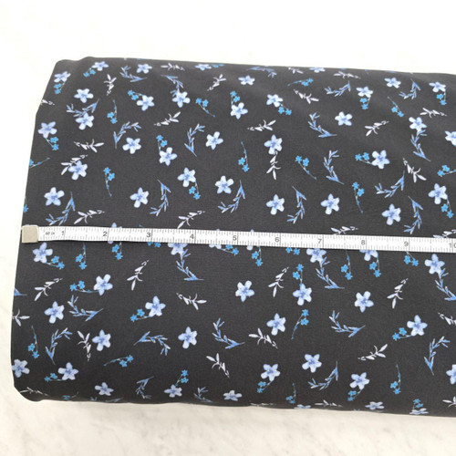 Beth's Exclusive Ditsy Print in Shades of Blue and Teal on Black 4-Way Stretch Poly Crinkle (sold by half yards)