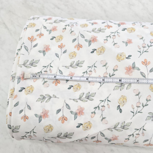 Beth's Exclusive Garden of Yellow and Peach on White 4-Way Stretch Poly Crinkle (sold by half yards)