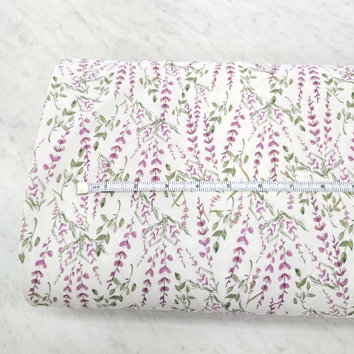 Lavendar And Green Sprigs On White 4 Way Stretch Crinkle Poly Fabric (sold by half yard) Lavendar And Green Sprigs On White 4 Way Stretch Crinkle Poly Fabric (sold by half yard)