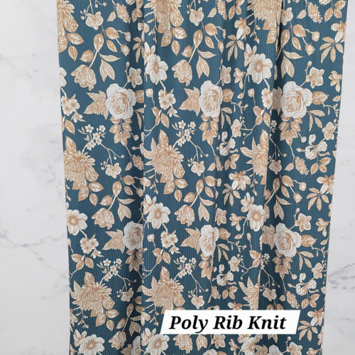 Beth's Exclusive Cream Florals on Dark Teal Poly Rib Knit Fabric (sold by half yards) Beth's Exclusive Cream Florals on Dark Teal Poly Rib Knit Fabric (sold by half yards)