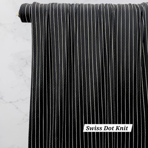 White Stripes on Black Knit Swiss Dot Fabric (sold by half yards) White Stripes on Black Knit Swiss Dot Fabric (sold by half yards)