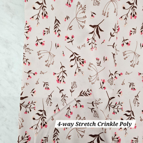Beth's Exclusive Pink Sprigs 4 Way Stretch Crinkle Poly Fabric (sold by half yards) Beth's Exclusive Pink Sprigs 4 Way Stretch Crinkle Poly Fabric (sold by half yards)
