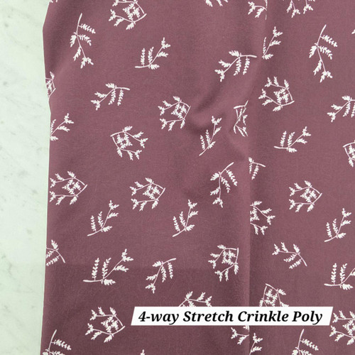 Beth's Exclusive Burgundy Sprigs 4 Way Stretch Crinkle Poly Fabric (sold by half yards) Beth's Exclusive Burgundy Sprigs 4 Way Stretch Crinkle Poly Fabric (sold by half yards)