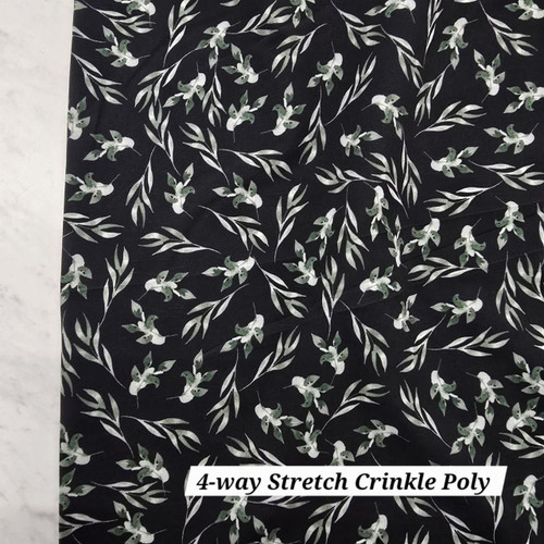 Beth's Exclusive Greenery on Black 4 Way Stretch Crinkle Poly Fabric (sold by half yards) Beth's Exclusive Greenery on Black 4 Way Stretch Crinkle Poly Fabric (sold by half yards)