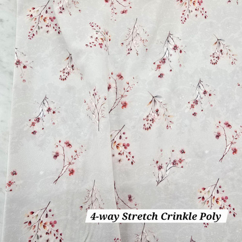 Beth's Exclusive Coral Bells and Stems on Lacey Silver 4-Way Stretch Crinkle Poly (sold by half yards)