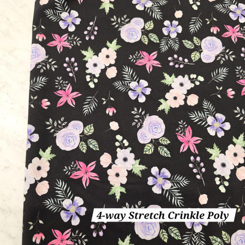 Beth's Exclusive Pretty Blooms on Black 4-Way Stretch Crinkle Poly (sold by half yards)