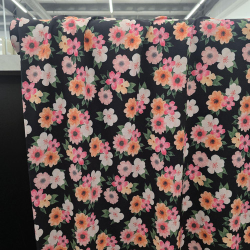 Beth's Exclusive Bold Florals on Black 4 Way Stretch Crinkle Poly Fabric (sold by half yards)