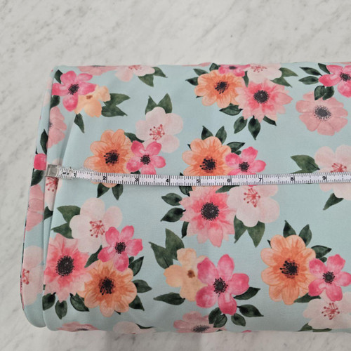 Beth's Exclusive Bold Florals On Teal 4 Way Stretch Crinkle Poly Fabric (sold by half yards)