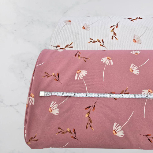 Beth's Exclusive Falling Daisies on White Poly rib Knit Fabric (sold by half yards)
