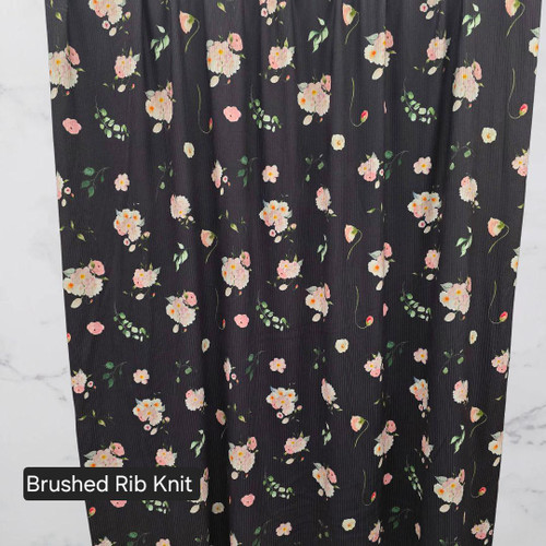 Beth's Exclusive Pink Florals on Black Brushed Rib Knit Fabric (sold by half yards)