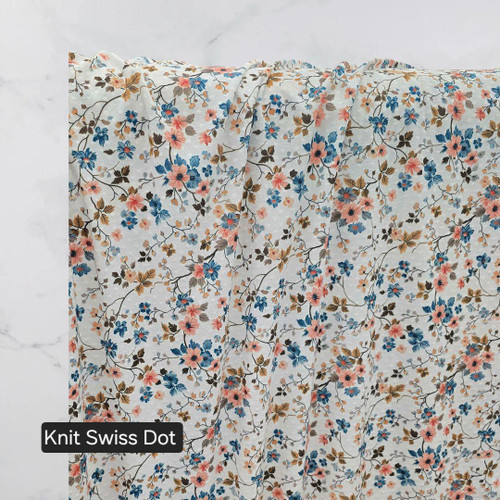 Beth's Exclusive Aqua, Peach and Honey Florals Knit Swiss Dot Fabric (sold by half yards)