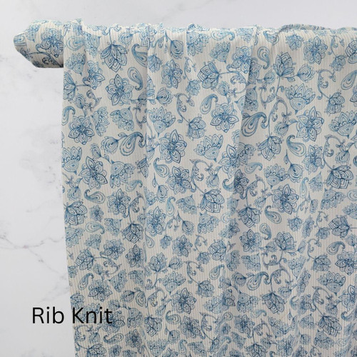 Beth's Exclusive Unique Blue Florals Poly Rib Knit Fabric (sold by half yards)