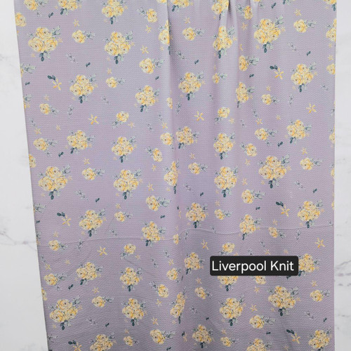 Beth's Exclusive Yellow Floral Bunches on Lavender Liverpool Knit Fabric (sold by half yards)