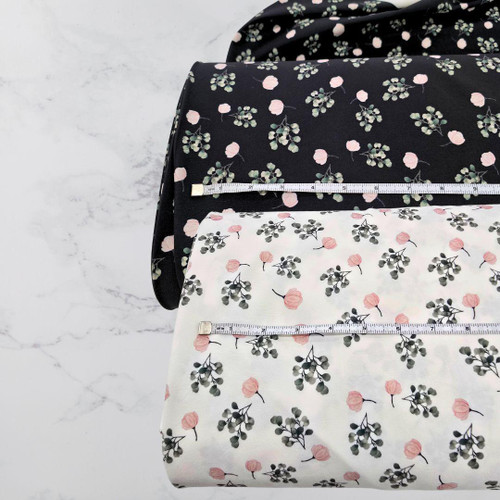 Beth's Exclusive Blush and Eucalyptus Stems on Black 4-Way Stretch Crinkle Poly (sold by half yards)