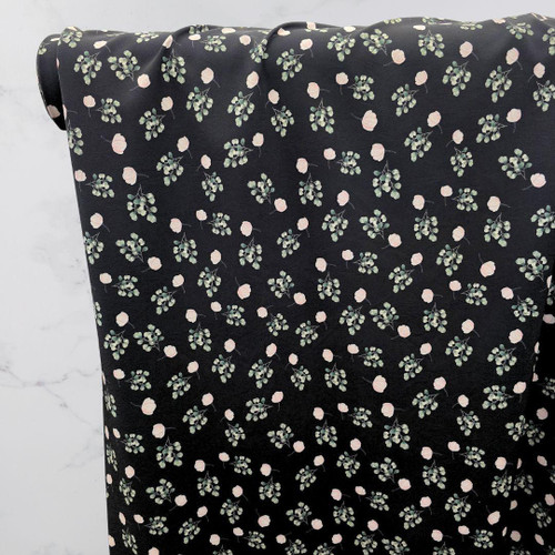 Beth's Exclusive Blush and Eucalyptus Stems on Black 4-Way Stretch Crinkle Poly (sold by half yards)