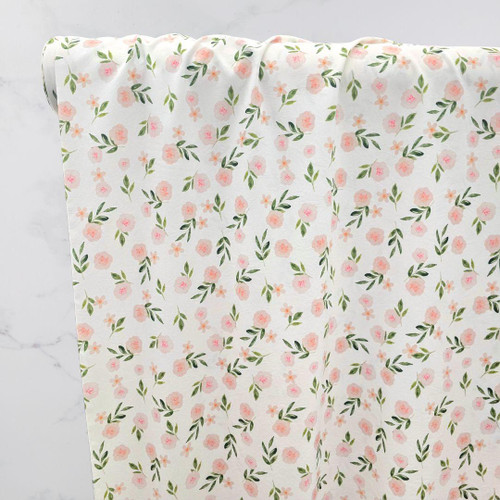 Beth's Exclusive Pink Flowers and Greenery 4 Way Stretch Crinkle Poly Fabric (sold by half yards)