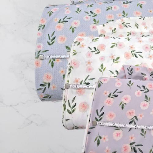 Beth's Exclusive Pink Flowers And Greenery on Lavender Liverpool Knit Fabric (sold by half yards)