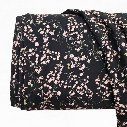 Black and Pink Cherry Blossom Floral 4 Way Stretch Crinkle Poly Fabric (sold by half yards)