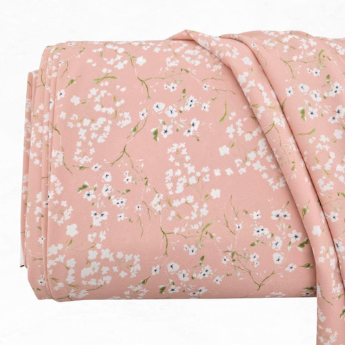 Peach Cherry Blossom Floral 4 Way Stretch Crinkle Poly Fabric (sold by half yards)
