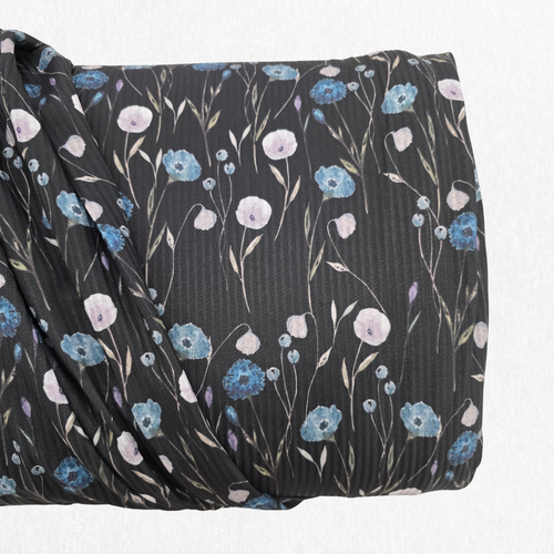 Lily Blue Sprig Black Rib Knit Fabric (sold by half yards)