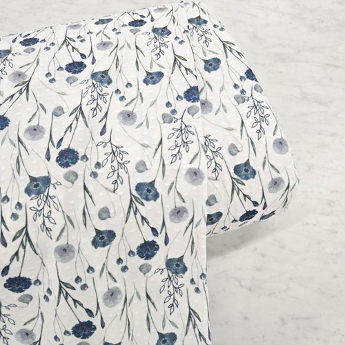 Blue/Gray Floral Swirl Knit Swiss Dot Fabric (sold by half yards)