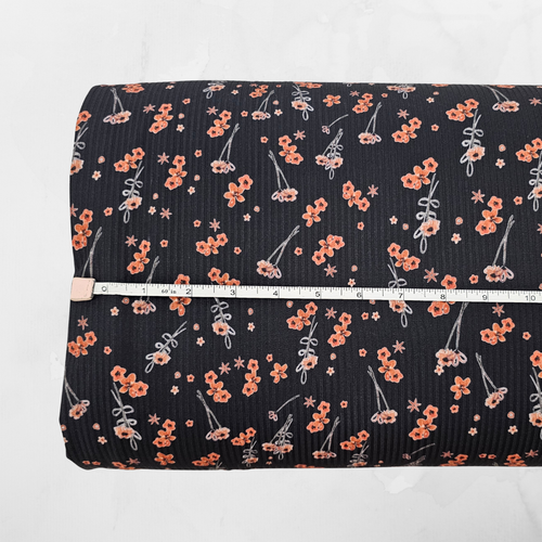Ditsy Summer Blossoms Black Rib Knit Fabric (sold by half yards)