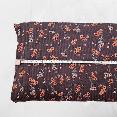 Ditsy Summer Blossoms Cool Brown Rib Knit Fabric (sold by half yards)