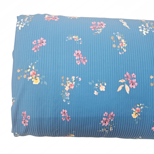 Spring Florals Blue Rib Knit Fabric (sold by half yards)