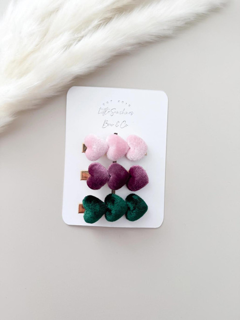 Emerald Green Corduroy Velvet Heart Hair Clip Set/3
