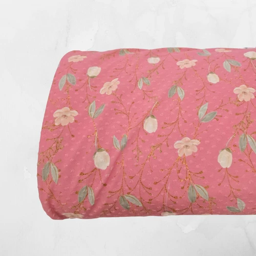 Pink Floral PS Knit Swiss Dot Fabric (sold by half yards)