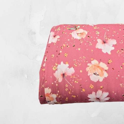 Golden Specks Deep Pink Poly Rib Knit Fabric (sold by half yards)
