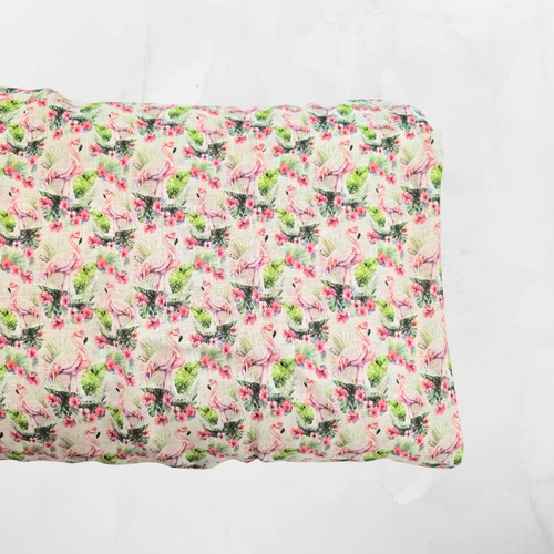 Mini Flamingo Splash on Beige Linen/Viscose (sold by half yards)