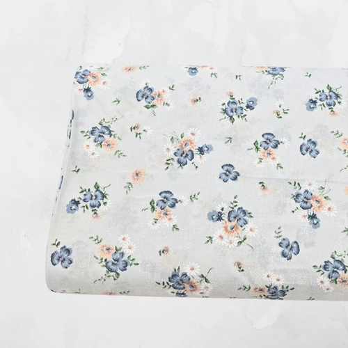 Sunset Blue Tossed Floral Poly Cotton Tropical Breeze Fabric (sold by half yards)
