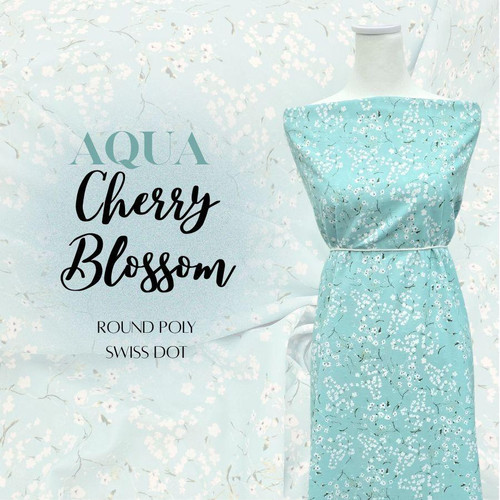 Aqua Cherry Blossom Round Poly Swiss Dot Fabric (sold by half yards)