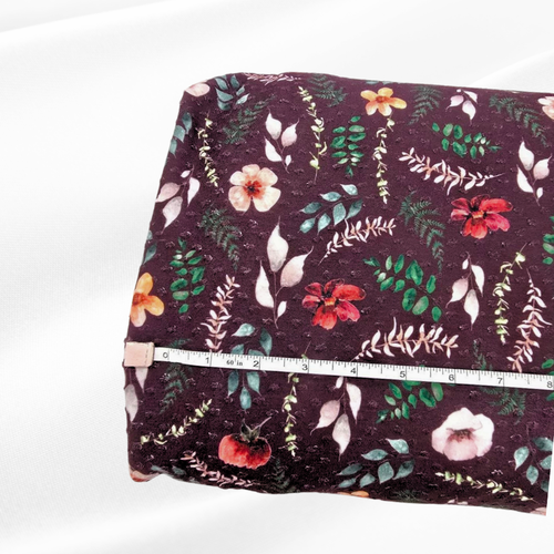 Wildflower Floral (Chocolate Wine) Knit Swiss Dot Fabric (sold by half yards)