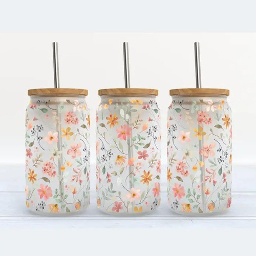 Spring Time Flowers 16 oz. Frosted Glass Tumbler